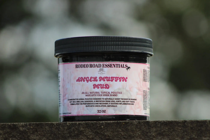 Focused shot of 32 oz jar of Angel Muffin Mud against a blurred background, highlighting its use in horse recovery.