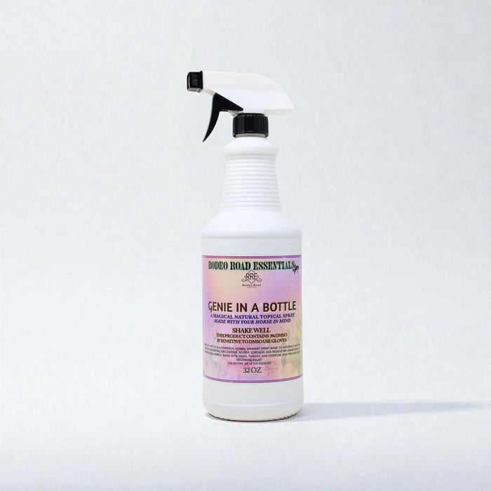 Single bottle of Genie In A Bottle Spray from Rodeo Road Essentials, emphasizing its use as a natural topical spray for horse care and recovery.