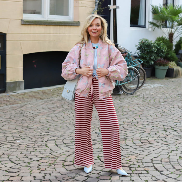 Lou streep broek bordeaux roze