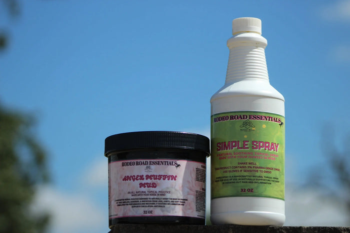 Another angle of the Angel Muffin Mud & Simple Spray Bundle by Rodeo Road Essentials, showcasing the horse care products for muscle relief and recovery.