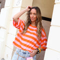 Top streep korte mouw roze oranje
