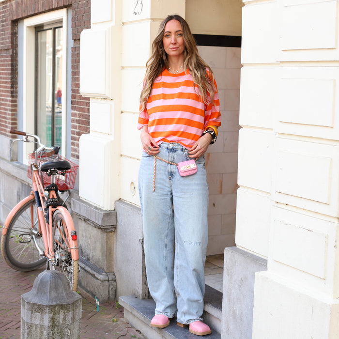 Top streep korte mouw roze oranje