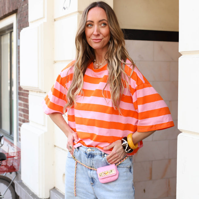 Top streep korte mouw roze oranje