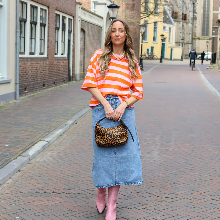 Top streep korte mouw roze oranje