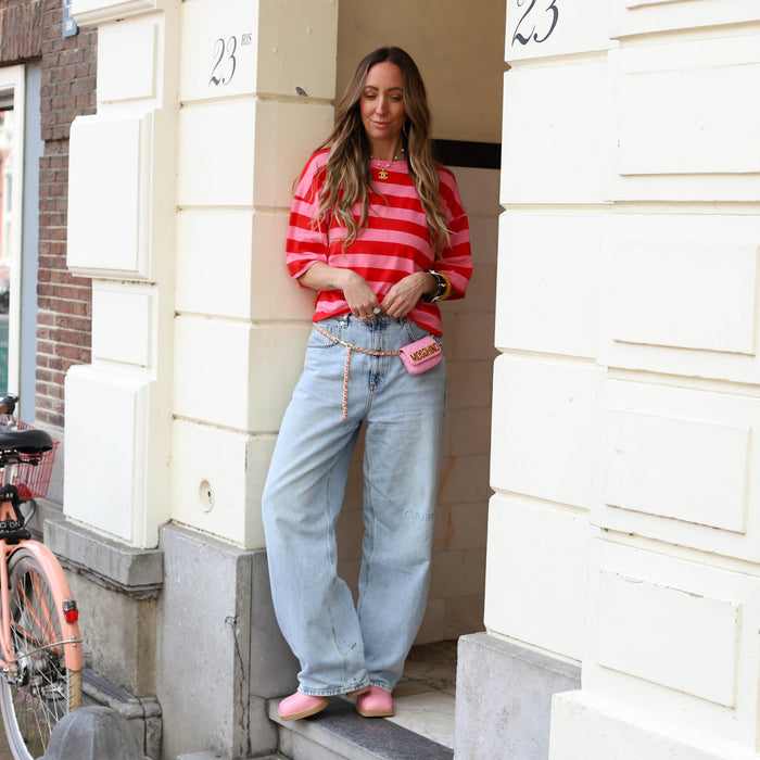 Top streep korte mouw roze rood