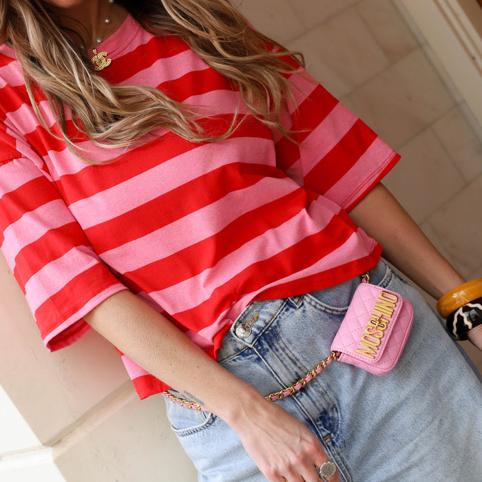 Top streep korte mouw roze rood