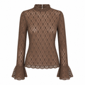 UNICORN Women's Lace Top Brown – Elegant Transparent Long Sleeve with Flared Sleeves s m l