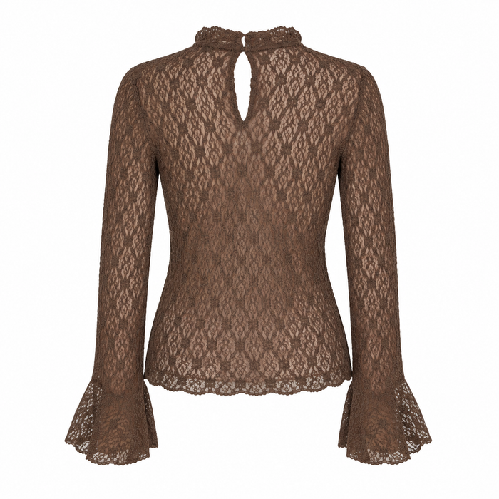 UNICORN Women's Lace Top Brown – Elegant Transparent Long Sleeve with Flared Sleeves s m l